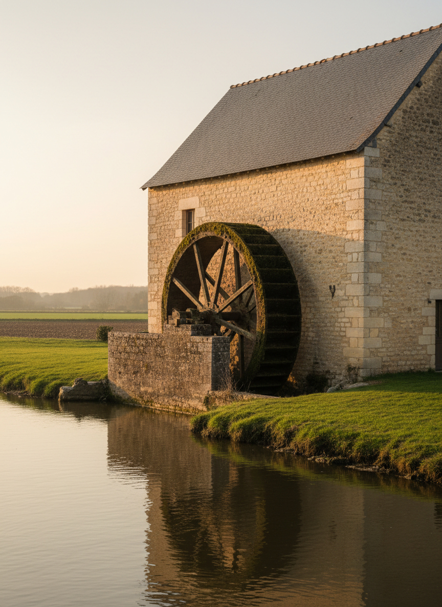 A meticulously preserved stone watermill on the banks of a tranquil river, its large wooden wheel darkened by centuries of use and flecked with moss. The building’s pale tuffeau stone walls and slate roof reflect the architectural style of the Anjou region. Early evening golden-hour sunlight grazes the façade, casting long, refined shadows across the grassy embankment and shimmering on the slow-moving water. The composition is shot at eye level with a slight three-quarter angle, capturing both the mill and its reflection in the water with photographic realism. The mood is serene and sophisticated, suggesting deep history and quiet continuity, with sharp focus on the mill and a softly blurred backdrop of distant trees and fields.