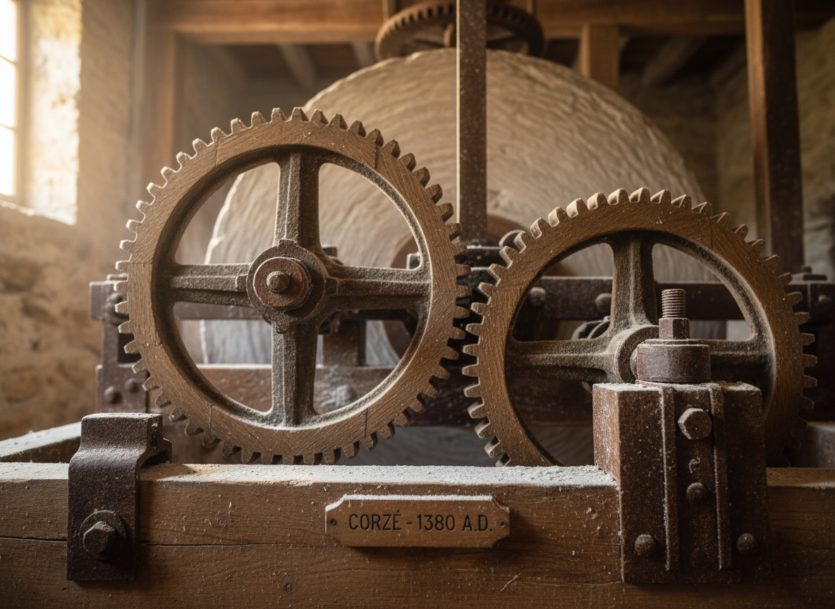 A refined, close-up view of the inner workings of a historic watermill mechanism: interlocking oak gears, a massive millstone with faint grooves, and iron fittings burnished by age. Fine dusting of flour lingers on the stone and wooden surfaces, catching shafts of soft natural light entering through a small window out of frame. The interior is dim yet warmly lit, with dramatic side lighting emphasizing the textures of wood grain, stone, and metal. Captured in photographic realism at a low, intimate angle, the composition uses shallow depth of field to focus on the contact point between two gears, symbolizing the precise engineering and enduring craftsmanship behind centuries of milling at Corzé, with a quiet, reverent mood.