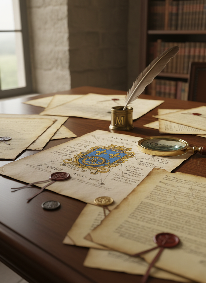 An elegantly arranged archival study of the Moulin de Corzé’s history: a polished dark-wood table covered with carefully spread parchment deeds, vellum charters, and yellowed genealogical charts tracing noble lineages from the 11th century to today. Wax seals, a brass inkwell, a quill pen, and a finely crafted magnifying glass rest among the documents. Soft, diffused window light from the left washes over the scene, highlighting the delicate textures of the paper and casting gentle, scholarly shadows. Photographic realism, shot from a slightly elevated angle with a shallow depth of field that keeps the central coat-of-arms in sharp focus while allowing the outer edges to blur subtly, creating a contemplative, intellectual atmosphere.